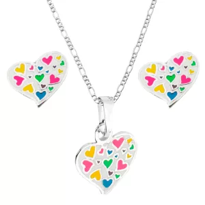 Aretes y Dije de Plata Corazón mil Corazoncitos con Cadena