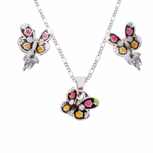 Aretes y Dije de Plata Mariposa Florecitas de Colores con cadena