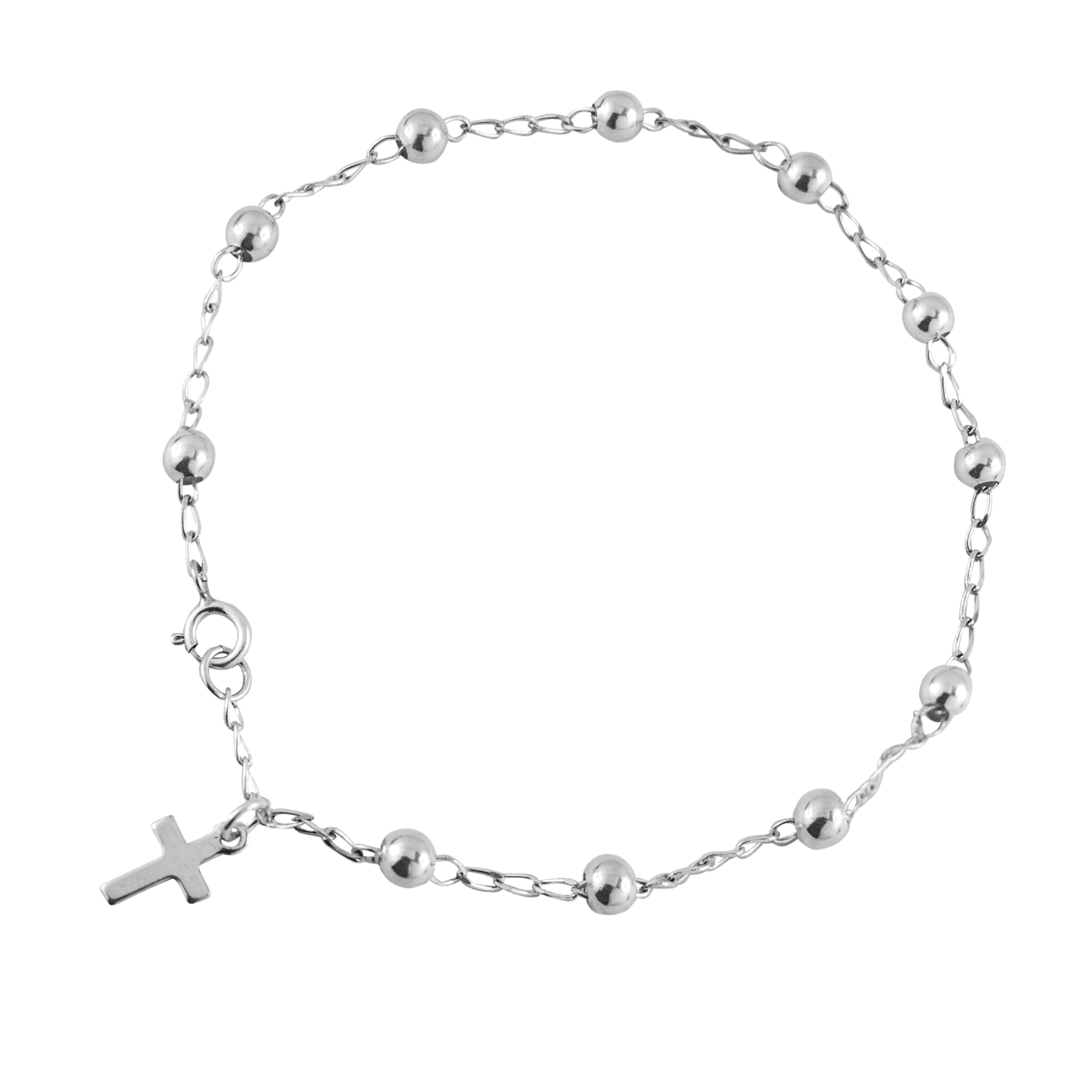 Pulsera Plata .925 Misterio Decenario Con Bolitas Y Cruz